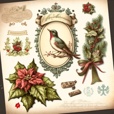 die-cut christmas clipart vintage ephemera, photorealistic drawing, NO: [“watermark, signature, write, number, word”]