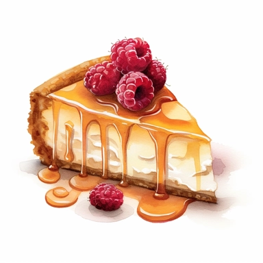 This highly detailed watercolor clipart depicts a heavenly Pumpkin Cheesecake with caramel on a pristine white background. The artwork showcases the luxurious combination of creamy white chocolate and tart raspberries. The cheesecake is exquisitely rendered with intricate brushstrokes, highlighting its velvety texture and rich flavor. Plump raspberries add a vibrant burst of color, enhancing the visual appeal. Against the clean white backdrop, this clipart exudes an irresistible allure, making i