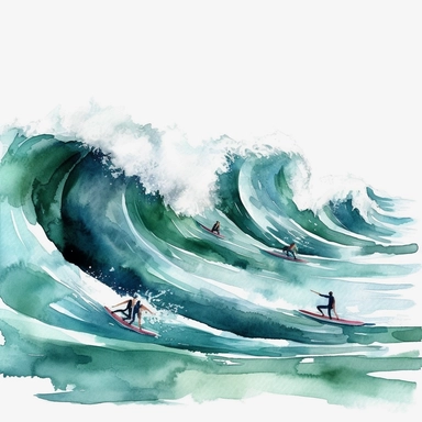ocean view, surfers, big waves, watercolor, clipart, , white background