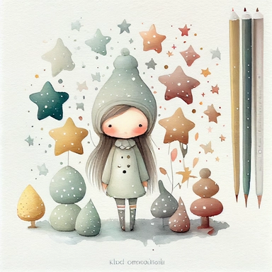 A watercolor painting of star collection, christmas, cute detailed digital art, inspired by nicoletta ceccoli, by Kubisi art, whimsical and cute, by nicoletta ceccoli, cute detailed artwork, glimmering, adorable and whimsical, whimsical art, Clipart style, png style, svg style, blank white background, a solid white background