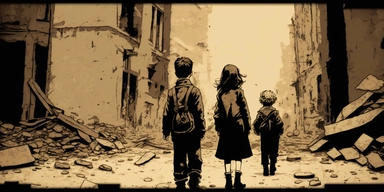 Creative graphic design, design, Small little jewish kids very thin, standing in front of the camera in the back The jewish WW2 the year is 1942, Very thin and poor people walking in the middle of a destroyed street in Warsaw, Huge destruction and devastation, dead people, dark sky, no hope, and the Resurrection, sepia colors, black and white, dark, deep pain, people in tremendous suffering, EPIC, Dark collage, clipart, graphic, illustrations, 16K