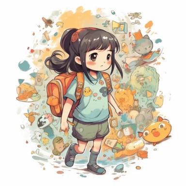 A detailed illustration of a Japanese kindergarten girl, going to school, wearing a cute backpack, style cartoon, colors, two-dimensional, planar vector, character design, T-shirt design, stickers, colorful splashes, and T-shirt design, Studio Ghibli style, soft tetrad color, vector art, fantasy art, watercolor effect, Alphonse Mucha, Adobe Illustrator, hand-painted, digital painting, low polygon, soft lighting, aerial view, isometric style, retro aesthetics, focusing on people, 8K resolution, u