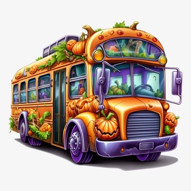 halloween school bus Sublimation Clipart, Cartoon, hyper realistic, intricate detail, illustration style, high solution, on the white background, green, purple, orange, oil paint