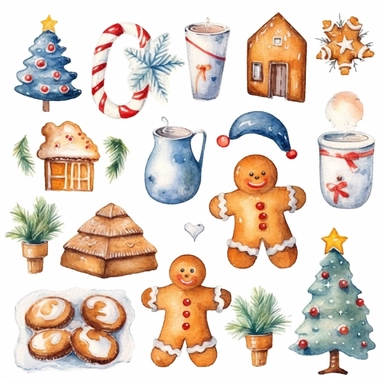 watercolor realistic christmas elements isolated clipart with margins, digital watercolor, realistic, for children’s book, design lovely style, cartoon funny, simple watercolor, white clean background