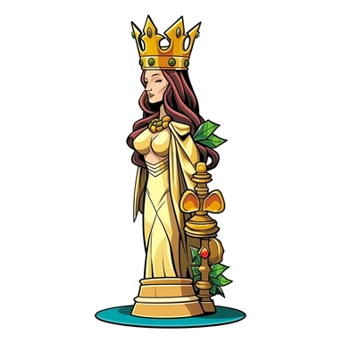 A queen piece from the game chess concept, cartoon style art, classic 2D vector art with white background, clean lines, solid white background, thick black border, clipart, clip art, bright colors