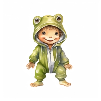 cute kid wearing Frog costumes and with happy face,front facing on isolated background,with happy face and expression,Animal Sublimation Clipart,no splash watercolor,white background, ultra detailed clipart, cut out image, colorful watercolor realistic, cartoon style, ultra HD, sharp and clean art