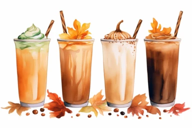 four cute autumn coffee and ice latte in a row, autumn leaves, watercolor clipart, white background