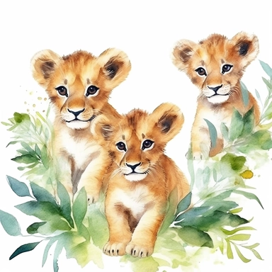 age border of cute baby lions playing in the jungle, clipart, white background, watercolor style--q2--v5.1--s1000