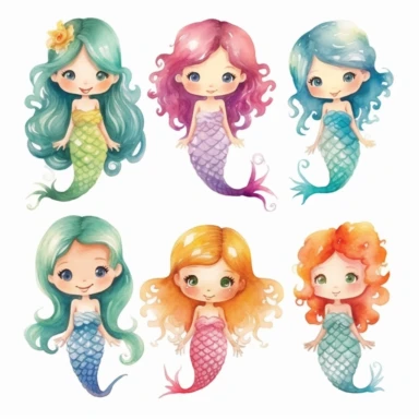 very simple watercolour childrens book style drawing of different isolated happy cute mermaids , pastel colours soft on white background for clipart, 8k