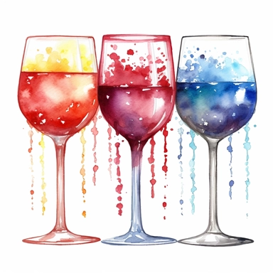 watercolor american patriotic set of three wine glasses clipart illustration, centred, vibrant colors, add fireworks, on a white background, no watermark, no logo, no writing