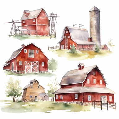 Watercolor Barns Clipart. Farm Style. Red Barn House, Horse, Tractor, Windmill, Wood Gate Illustrations. Wedding Invitation DIY white background