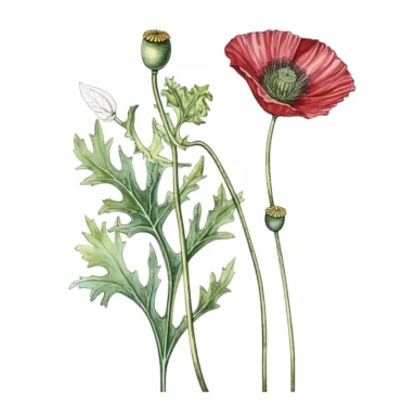 Watercolor of tall slender micro dainty poppy leaves on a single stem with closed poppy seed head. Ikebana red poppy, leaves typically have a distinctive elongated shape with a pointed tip, and are deeply lobed or dissected. The lobes are typically rounded or toothed, and may be arranged alternately or opposite each other along the stem. Floral Clipart, poppy, Minimalist Flowers Watercolor, Ikebana Clipart, Separated design