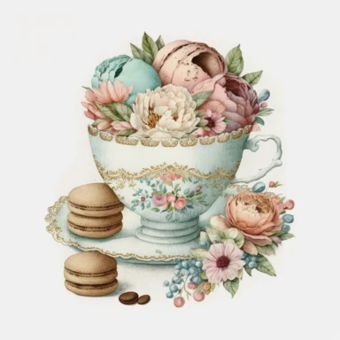 Vintage old school floral tea cup, watercolour clipart, with macaroons