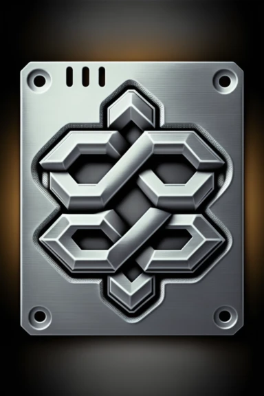 grungy metallic Flat coloured card design of a symmetric thick silver chain link icon cardback , cartoony clipart card design, Logo, glowing Gundam visor magic spell icon, little-flat Graphic Design , grey metal grid background