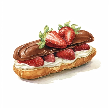 watercolor vintage style chocolate glazed strawberry eclair clipart, chocolate glazed strawberry magnolia eclair, strawberries, vibrant colors, 1960, vintage, watercolor, realistic drawing in storybook illustration, pencil drawing by Angela Barrett, Elsa Beskow, ultrafine detailed, highly detailed, high resolution, 8K, white background