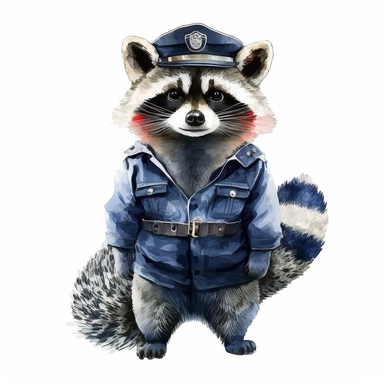 Stylish funny Raccoon in Navy Uniform, full body, colorful waterpaint Clipart, watercolor, high-quality illustration, professional raster graphic, white background, Studio Lighting, ultra-detailed, 8k