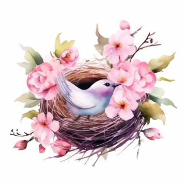 Watercolor Bird Nest with pink flowers Clipart, white background