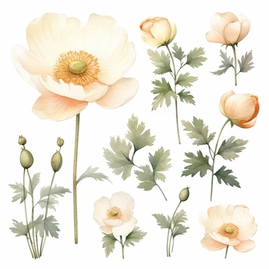 Watercolour clipart white color variations, burnet rose blossom, vintage effect, high quality, soft and muted colours, bright white background, 8k, f1