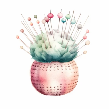 watercolor vintage pincushion with needles for sewing, pastel colors pink and mint, high quality, clipart, white background