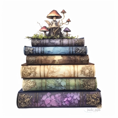 Solid white background, Detailed watercolor/alcohol ink image of a stack of 4 dark earthtone pasel colored gothic spell books with a cute glowing tiny forest fairy sitting on top clipart. The books are realistically detailed, gilded bindings, carved thick leather cover,