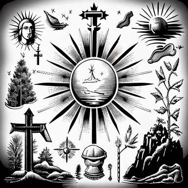 A black and white vector drawing of a variety of protestant christian objects including Bethlehem star, Crosses with rays, Shepherd's crooks, Fish and nets, Crowns of thorns, Worship hands, Dove with a branch, Mountain landscapes with a cross, a detailed drawing inspired by Josef Navrátil, Anno Domini, black and white vector art, clipart, highly detailed vector art, coherent, white background