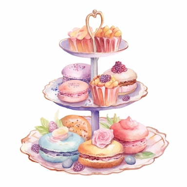 Clipart, Watercolor, Boho tier candy tray with cakes and sandwiches, pastel color, hand-draw, texture