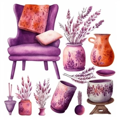 watercolor home decor items, vase, pillow, rug with lavender flowers, in the style of hot pink, purple and burnt sienna, intricate illustrations, primitivist elements, dotted, pencil texture, Clipart Collection, objects isolated on white background