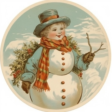clipart with vintage christmas card style snowman on a white background