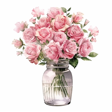 watercolor huge buquet of 30 tiny pink Roses in a Glass Vase clipart