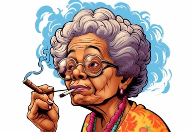aughing funny Comic Book style Sassy hip African American Boho chic 60 year old Grandma with long rope style dreadlocks smoking a pipe puff puff pass Smoking blunt between her lips holding a cigarette lighter in one hand clipart Norman Rockwell Cartoon Cigarette cigar smoke on the side and tobacco on the side, in the style of cartoonish elements, animated gifs, clipart