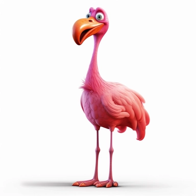 clipart of a crazy pink flamingo, there is a funny face on it, long skinny legs, cartoon, for kids, funny, pixar, 8k, white background, sharp focus, detailed,