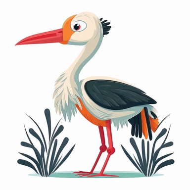 A clipart for kids with a cute baby stork animal motif in frontal view on white background. The animal motif is depicted in bold colors