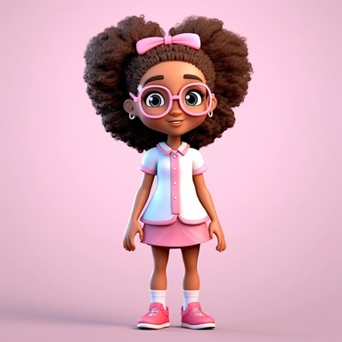 a cartoon confident 10 year old girl with beautiful curly afro hair in two ponytails, glasses and a pink dress with white socks and black shoes, in the style of afro-carribean influence, realistic color palette, studio portrait, bold curves, crisp and cle