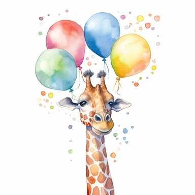 Clipart, watercolor, white background: A birthday giraffe wearing a party hat, stretching its long neck to reach the celebratory balloons above.