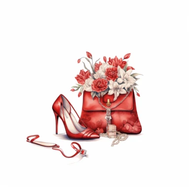 watercolor clipart of vintage red and white two high-heeled shoes and a small handbag, floral, color pencil drawing, nice composition, vector, outline, isolated white background, 16k