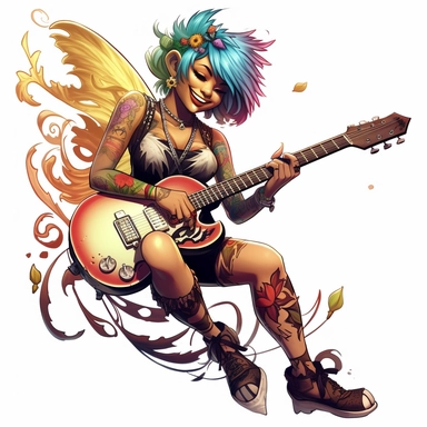 a fairy dressed as a extreme punk, big beautiful wings, playing electric guitar, tattoo's, smiling, full body image, pixar style, clipart