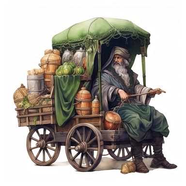 medieval merchant sitting on carriage with supplies, stylish | COLOR THEME: dark green, olive green, army green, black, light pink | watercolor, clipart, hyperrealistic, white background