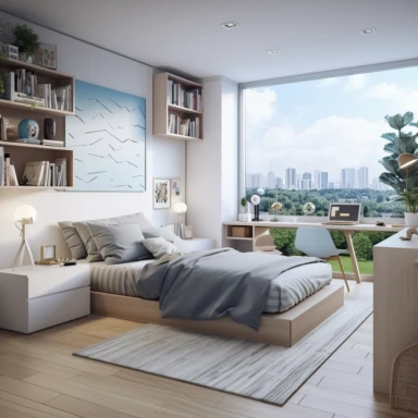 a modern-style bedroom with a single bed, a white blanket, pillows, a small table, a chair, an alarm clock, a glass of water, a window, a blue sky, white clouds, tall buildings, trees, a bookshelf, books, toys, a cabinet, a desk lamp, photos，a lovely girl named Xiaofei with black hair, a red hair clip, brown eyes, pink mouth, white teeth, a happy and expectant smile，a red short-sleeved shirt and a red skirt with floral and striped patterns，the Dragon Boat Festival with rice dumplings, dragon boa