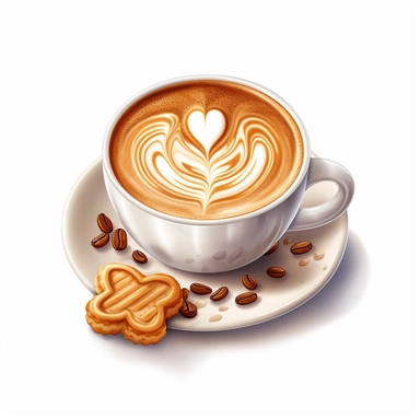 Isometric illumination of commercial shot of ultra - realistic watercolor painting of a really delicious coffee with a biscuit, latte art heart clipart, good looking food, delicious, yummy, foodie, healthy, white background no text, isolated on white, watercolor illustration, award winning, strong and sharp lines, upscale
