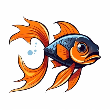 1 simple cute but colorful blue , black and orange cartoon goldfish clipart on white background