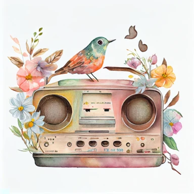 Vintage old radio ( a little floral, bird on radio) pastel rainbow watercolor clipart