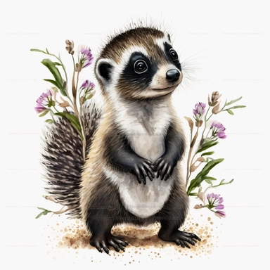 Safari cute Baby skunk Animal Watercolor Clipart, adorned with a charming crown of flowers on its head, presented against a pristine white background. The intricate details of its fluffy fur, bright eyes, and playful expression are brought to life in stunning 4K UHD resolution. The watercolor painting technique adds a touch of artistic beauty, capturing the adorable and curious nature of the skunk. The flowers in its head create a whimsical contrast, showcasing the skunk's unique charm in a deli