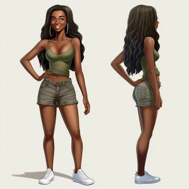 beautiful black teenage girl with beautiful long hair to her waist, dressed casually. Full perspective and, long shot A young black woman with full lips and a big beautiful smile, dressed in khaki shorts and a tank top, has long hair and beautiful shapely legs, wearing heels, clipart in the style of digital airbrushing, feminine sticker art, dollcore, realistic face, realistic body, glamorous,