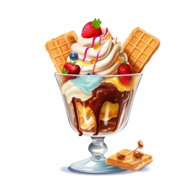 ice cream in transparent glass with cookies whipped cream syrup fruits chocolate sticks candies digital clipart on white background