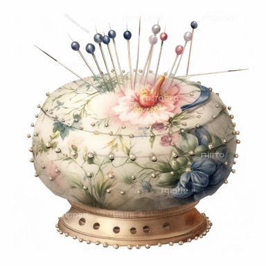 A Victorian sewing pincushion for holding pins clipart, soft pastel colors, in the style of realistic watercolors, feminine sensibilities, detailed illustrations, made of all of the above, in style of Willem Haenraets, clean background, white background, on a white background, transparent background