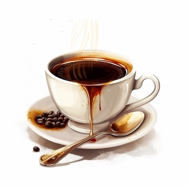 illustration of a cup of coffee, crisp, add embeliishments like tables spoons steam, beautiful, artistic, coffee, clipart, isolated on white background
