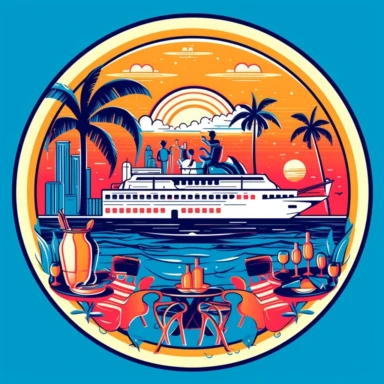 a design of a fun cruise vacation, include cocktails and music, enclosed in a circle, emblem, vector, clip art, simple, surreal, rgb, vibrant