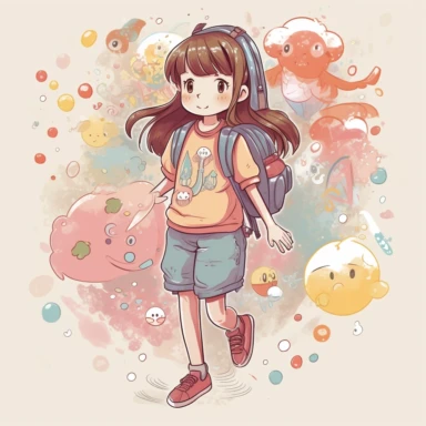 A detailed illustration of a Japanese kindergarten girl, going to school, wearing a cute backpack, style cartoon, colors, two-dimensional, planar vector, character design, T-shirt design, stickers, colorful splashes, and T-shirt design, Studio Ghibli style, soft tetrad color, vector art, fantasy art, watercolor effect, Alphonse Mucha, Adobe Illustrator, hand-painted, digital painting, low polygon, soft lighting, aerial view, isometric style, retro aesthetics, focusing on people, 8K resolution, u