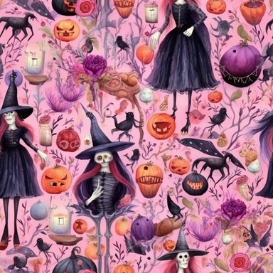 ultra beautiful halloween, witch, spider, web, bat clipart, seamless pattern, ornamental pink, black, orange, purple watercolor,