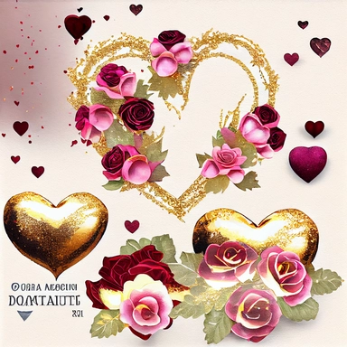 beautiful, extremely detailed, realistic, dark burgundy roses, on elegant, sparkling, detailed gold glitter hearts Watercolor Valentine's day wreaths and clipart, Hand painted hearts,